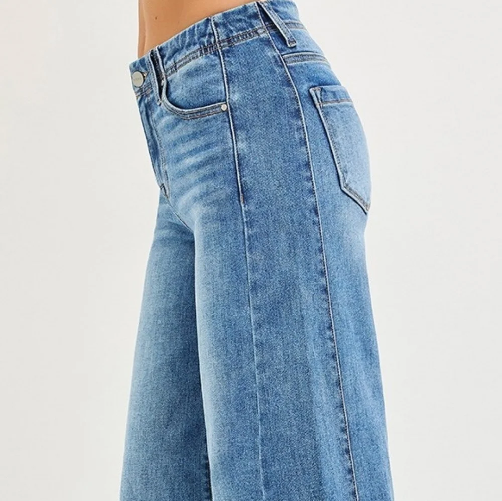 Risen High Rise Slim Fit Ultra Wide Leg Jeans Retro Frayed Raw Hem Denim Pants - Picture 6 of 15